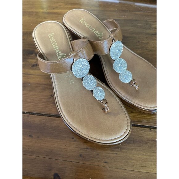 Toscanella Dazzler Crystal Wedge Heel Thong Sandals Cognac Leather. Size 7.5. - Picture 2 of 5
